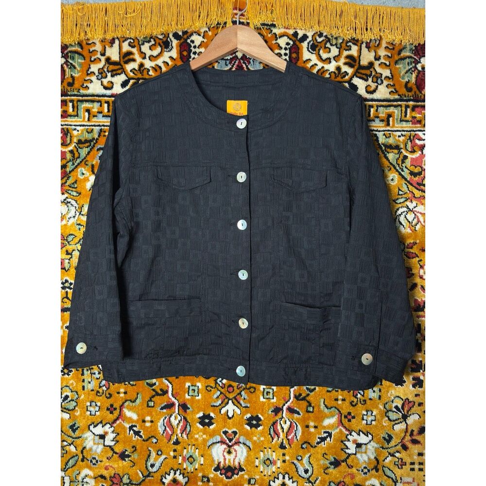 Vintage Black Textured Jacquard Round Neck Cropped Blazer Jacket sz 12 Ruby Rd